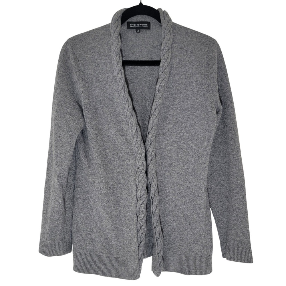 Jones New York Collection Cashmere Gray Braided Open Front Cardigan Sweater M